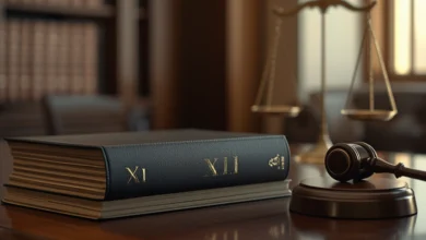 Hukuk kitabı, hakim tokmağı ve adalet terazisi ile yargı reformu ve mevzuat konsepti.